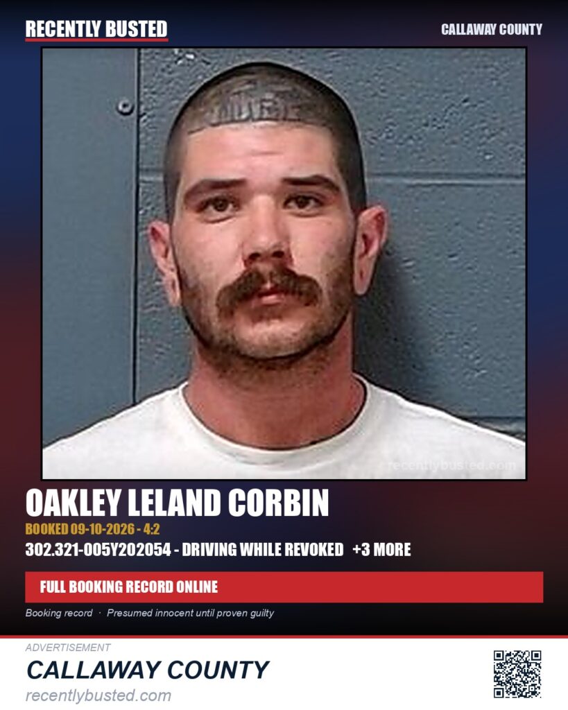Corbin, Oakley Leland — arrest record card, Callaway County