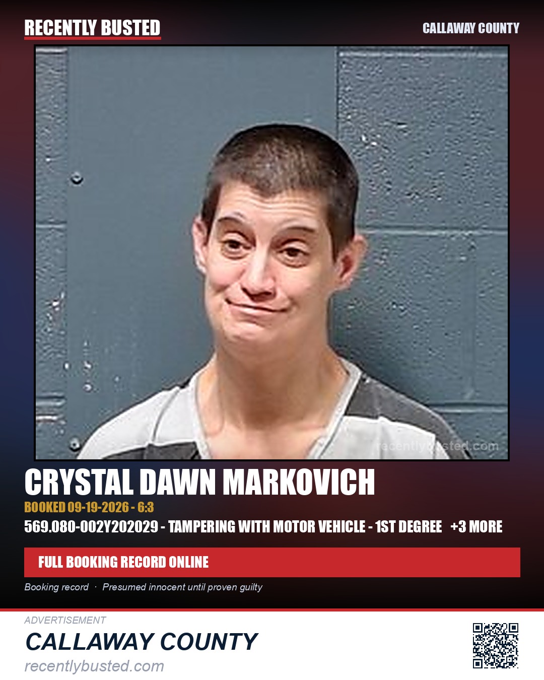 Markovich, Crystal Dawn — arrest record card, Callaway County