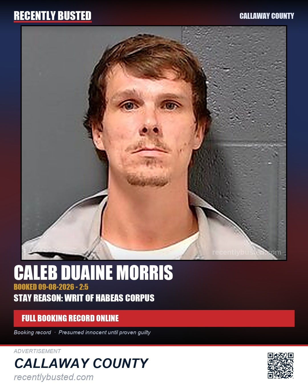 Morris, Caleb Duaine — arrest record card, Callaway County