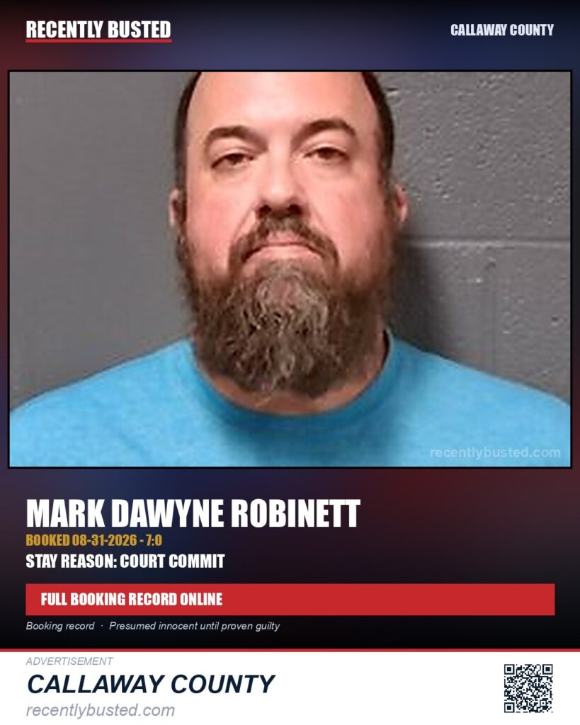 Robinett, Mark Dawyne — arrest record card, Callaway County
