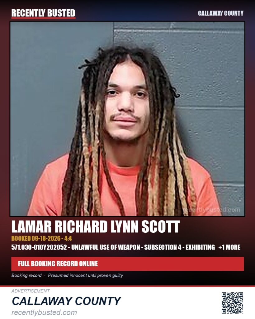 Scott, Lamar Richard Lynn — arrest record card, Callaway County