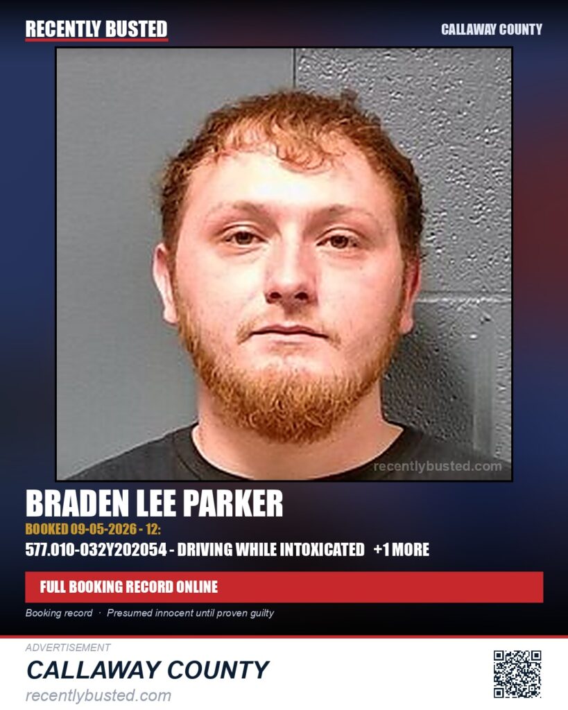 Parker, Braden Lee — arrest record card, Callaway County