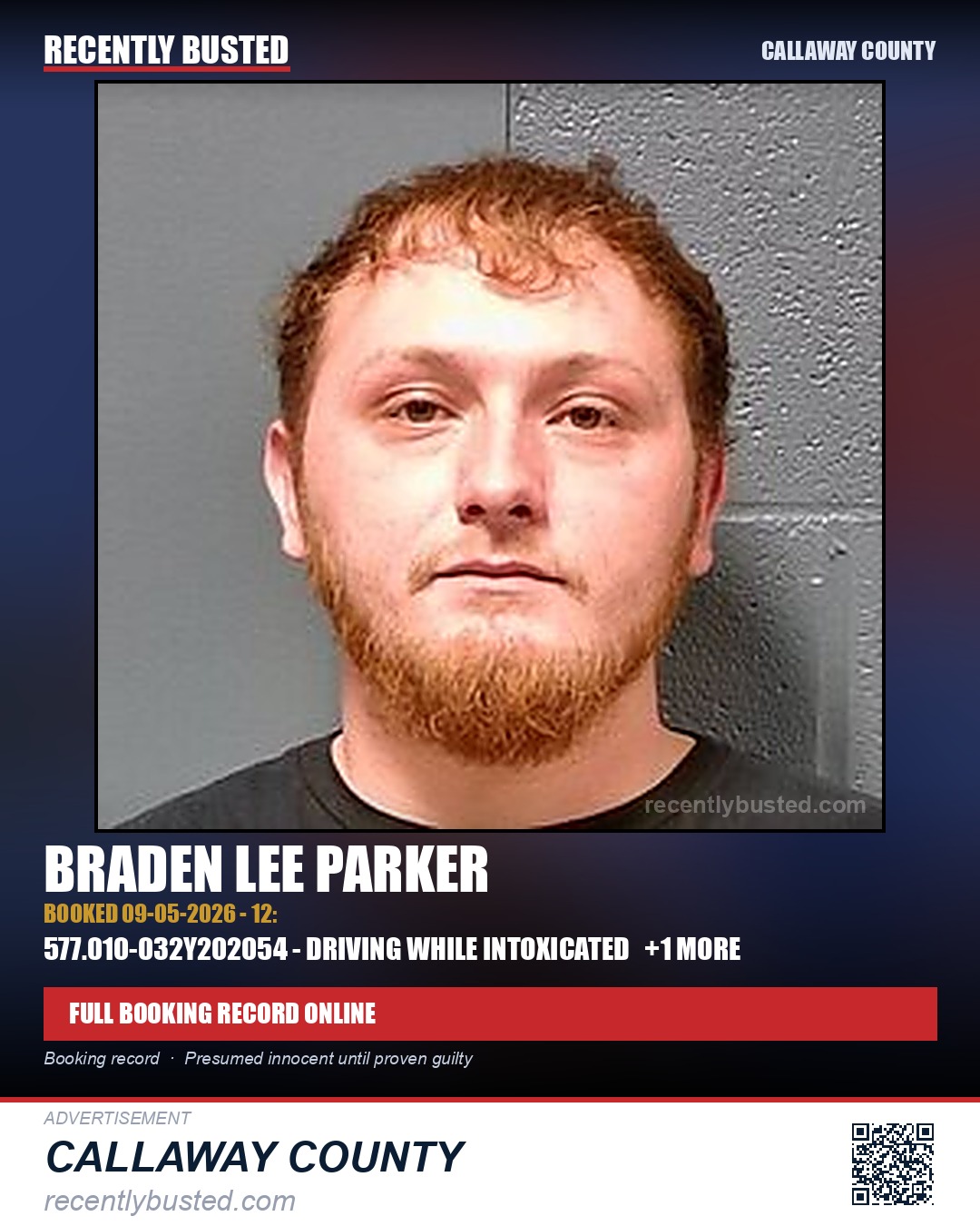 Parker, Braden Lee — arrest record card, Callaway County