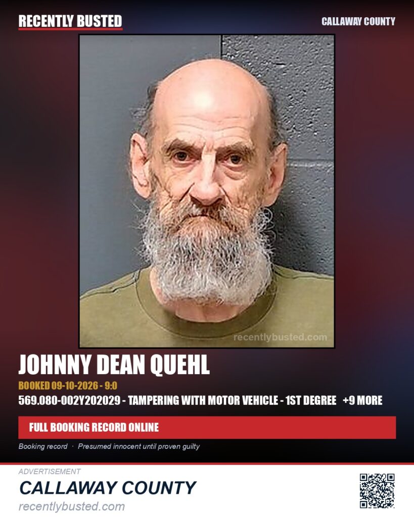 Quehl, Johnny Dean — arrest record card, Callaway County