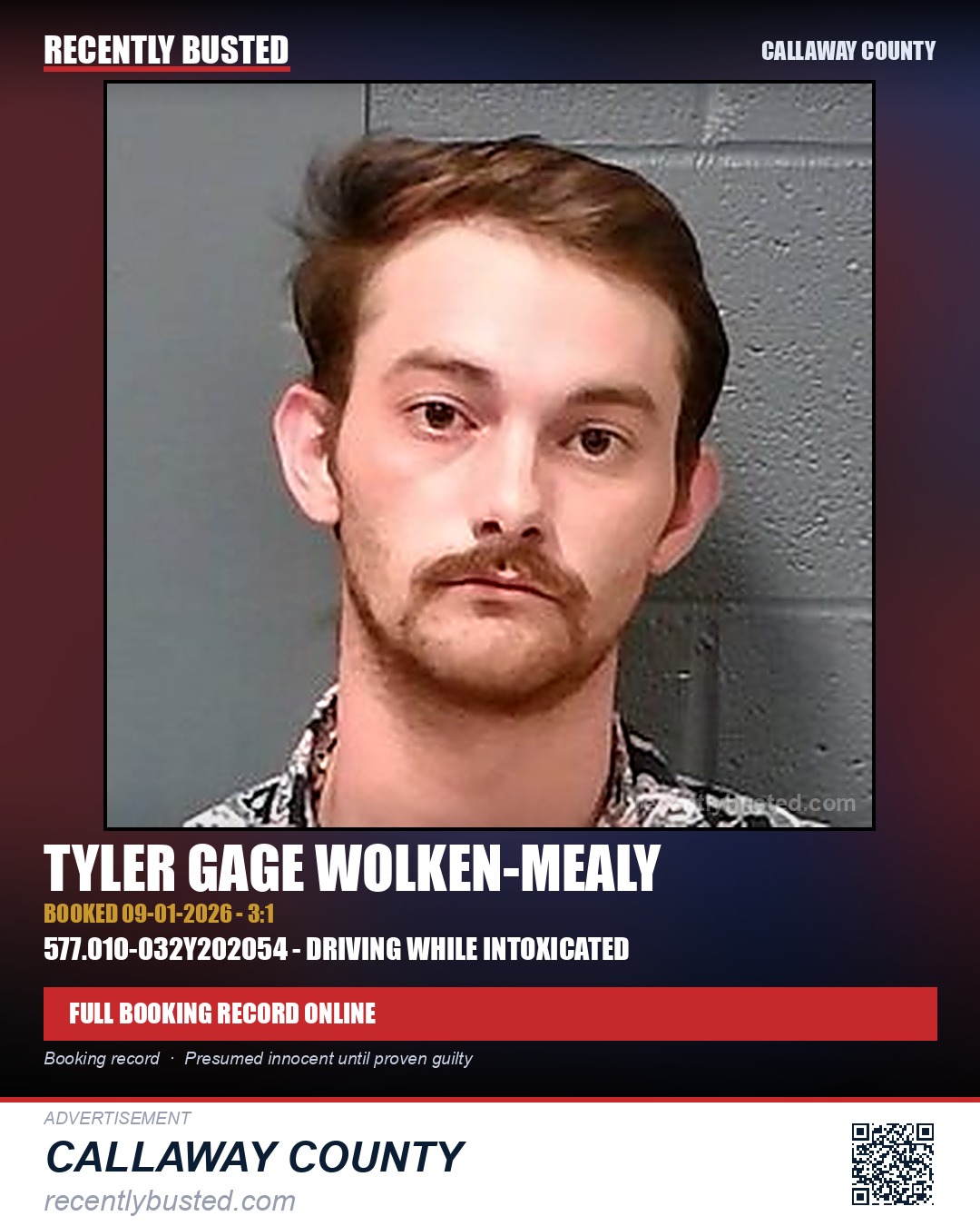 Wolken-Mealy, Tyler Gage — arrest record card, Callaway County