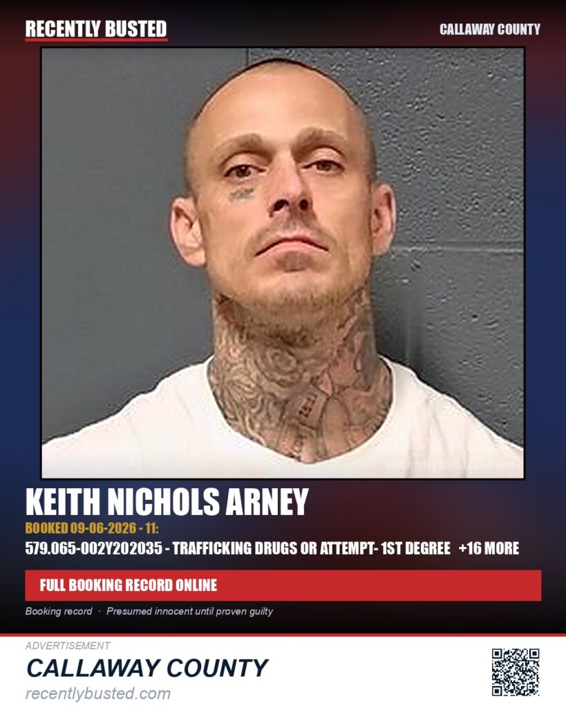 Arney, Keith Nichols — arrest record card, Callaway County
