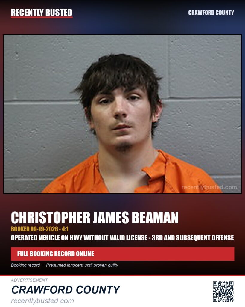 Beaman, Christopher James — arrest record card, Crawford County