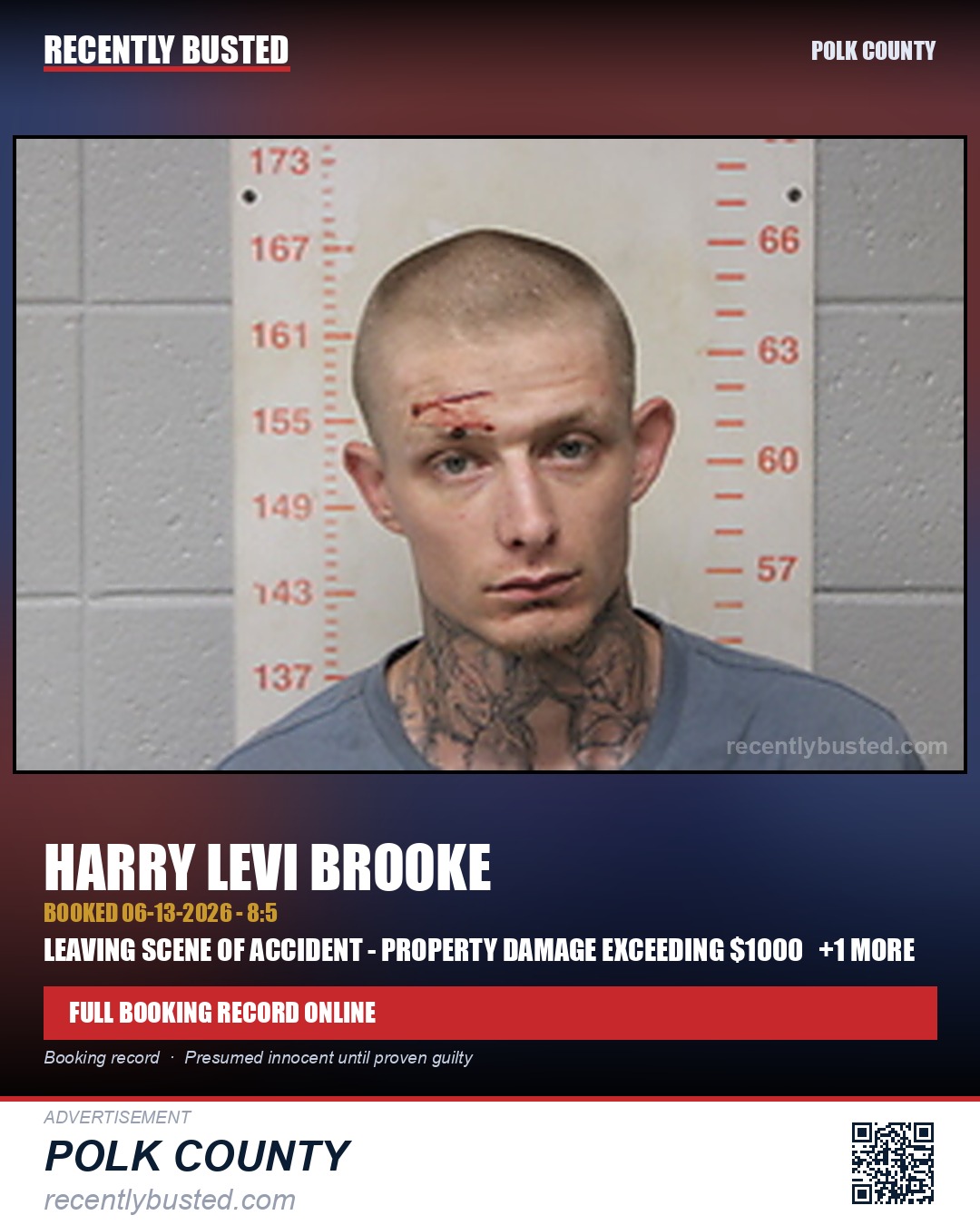 BROOKE, HARRY LEVI — arrest record card, Polk County