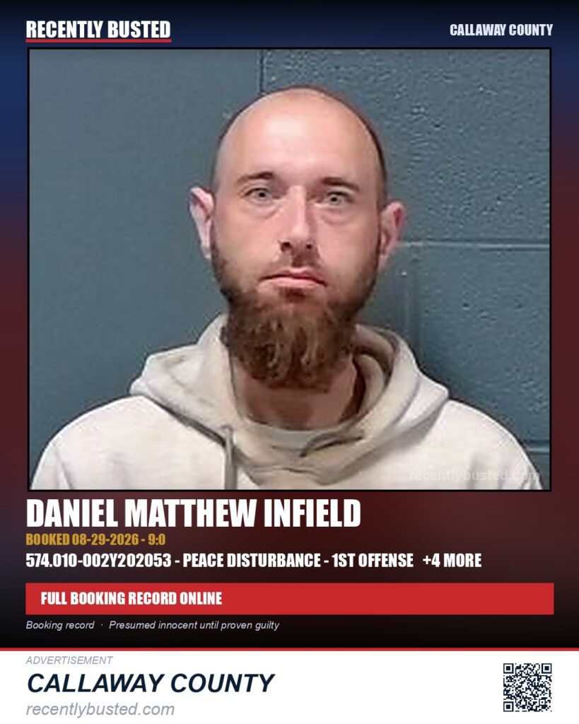 Infield, Daniel Matthew — arrest record card, Callaway County