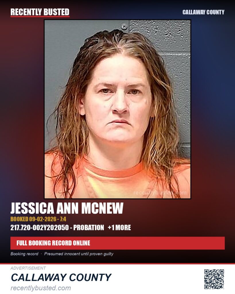 McNew, Jessica Ann — arrest record card, Callaway County