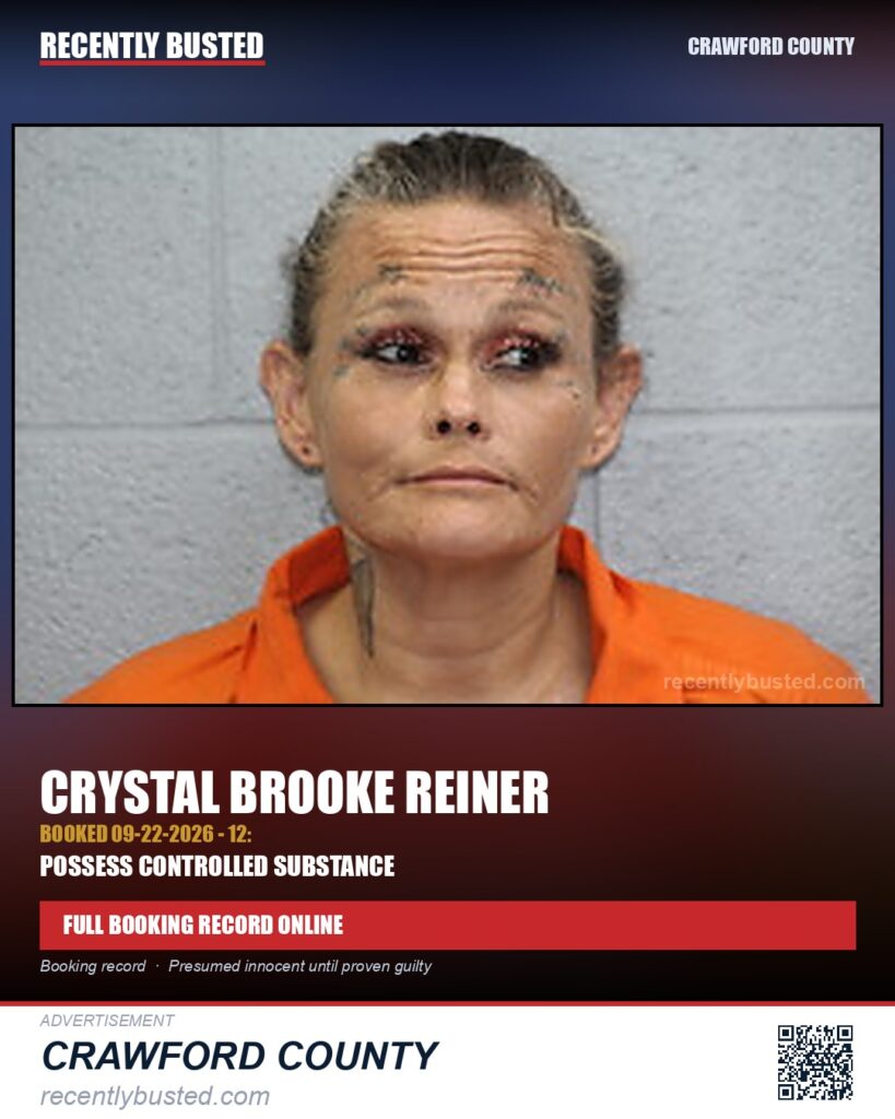 Reiner, Crystal Brooke — arrest record card, Crawford County
