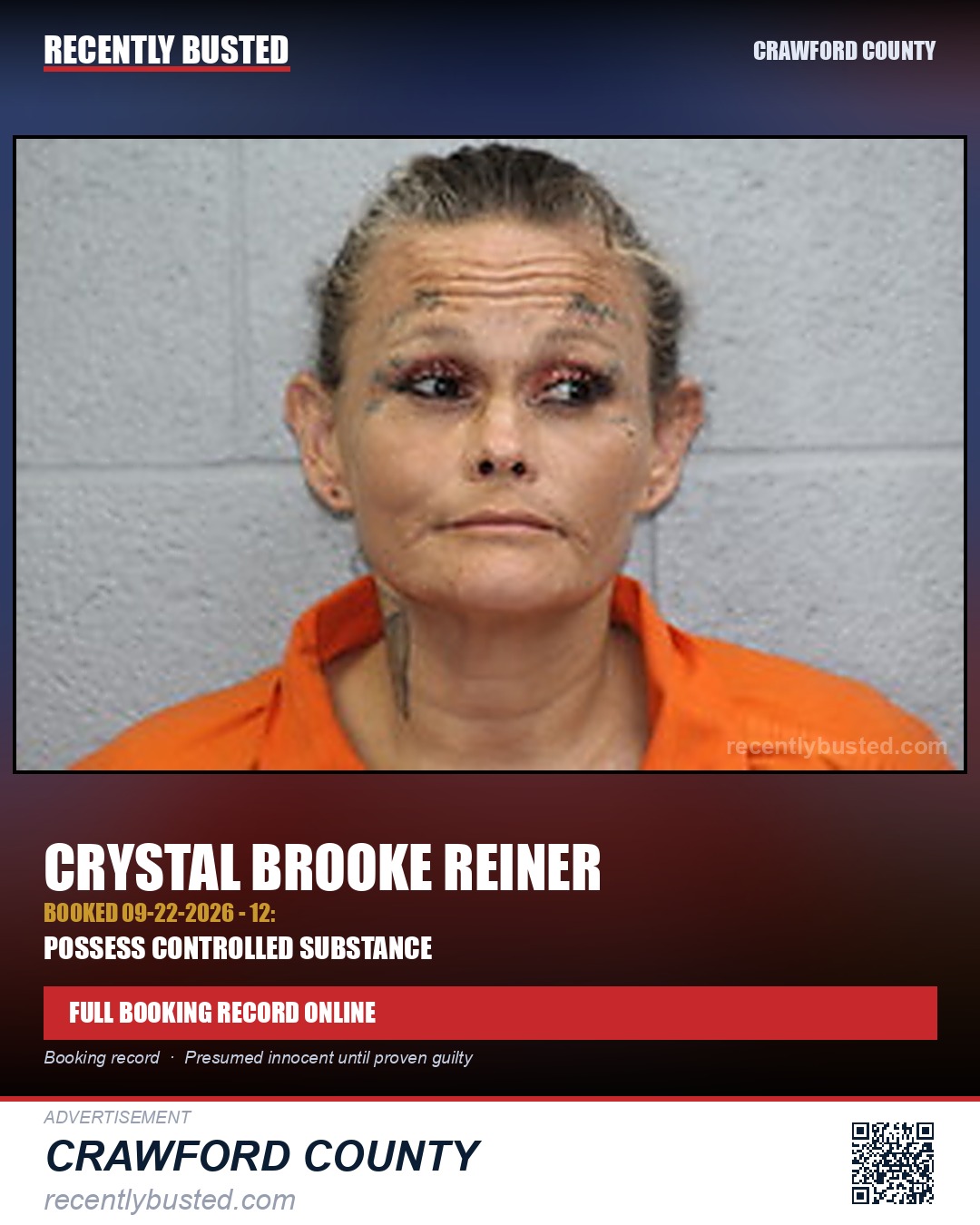Reiner, Crystal Brooke — arrest record card, Crawford County