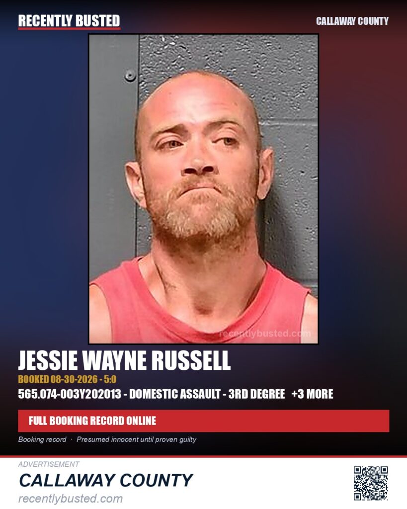 Russell, Jessie Wayne — arrest record card, Callaway County
