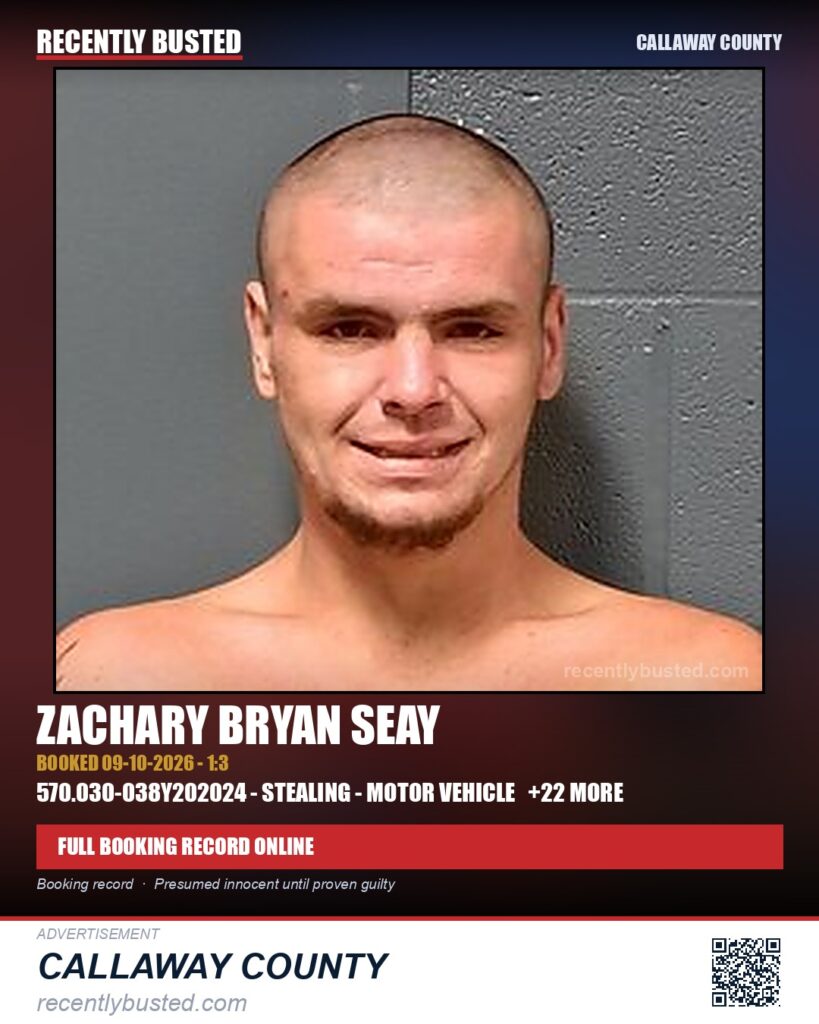 Seay, Zachary Bryan — arrest record card, Callaway County