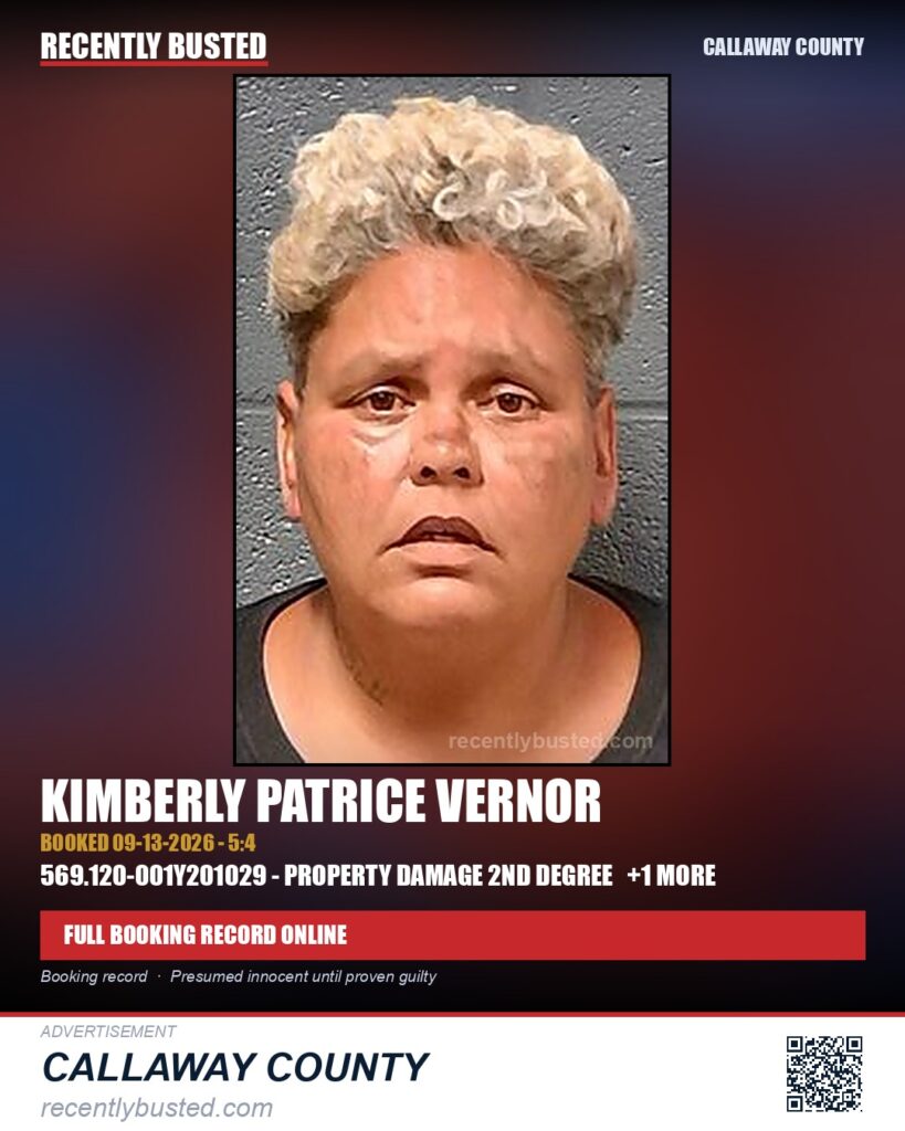 Vernor, Kimberly Patrice — arrest record card, Callaway County