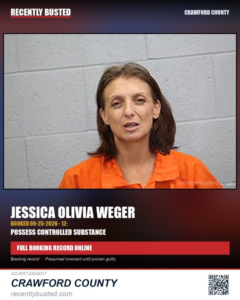 Weger, Jessica Olivia — arrest record card, Missouri