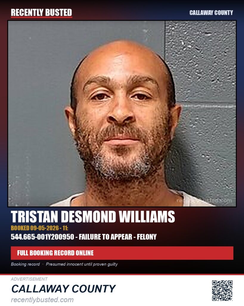 Williams, Tristan Desmond — arrest record card, Callaway County