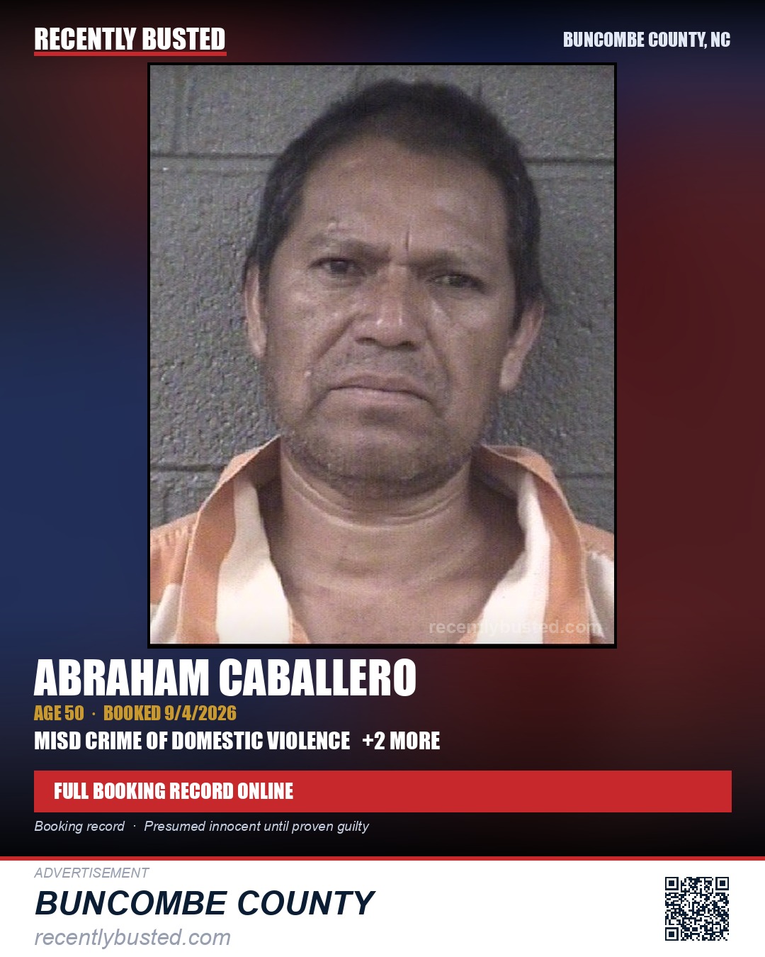 ABRAHAM CABALLERO — arrest record card, Buncombe County, North Carolina