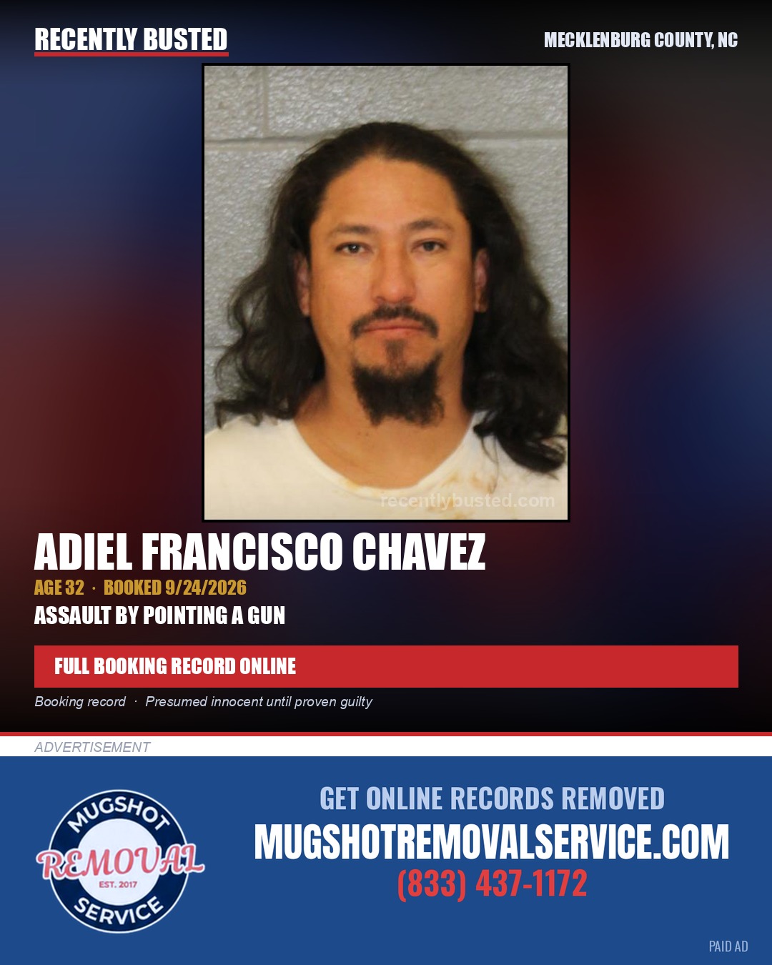 ADIEL FRANCISCO CHAVEZ — arrest record card, Mecklenburg County, North Carolina