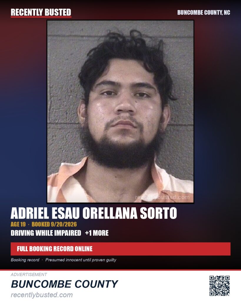 ADRIEL ESAU ORELLANA SORTO — arrest record card, Buncombe County, North Carolina