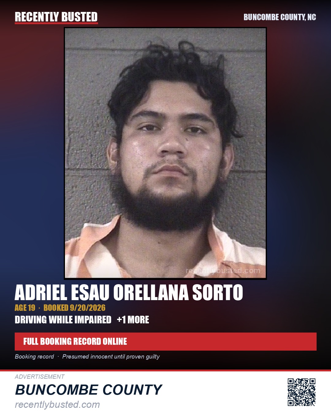 ADRIEL ESAU ORELLANA SORTO — arrest record card, Buncombe County, North Carolina