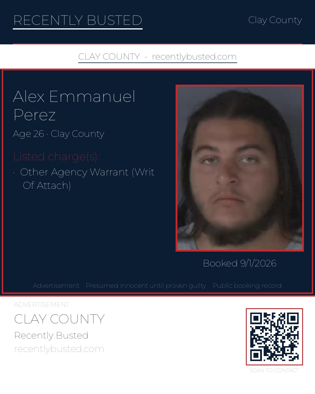 ALEX EMMANUEL PEREZ — arrest record card, Clay County, Florida