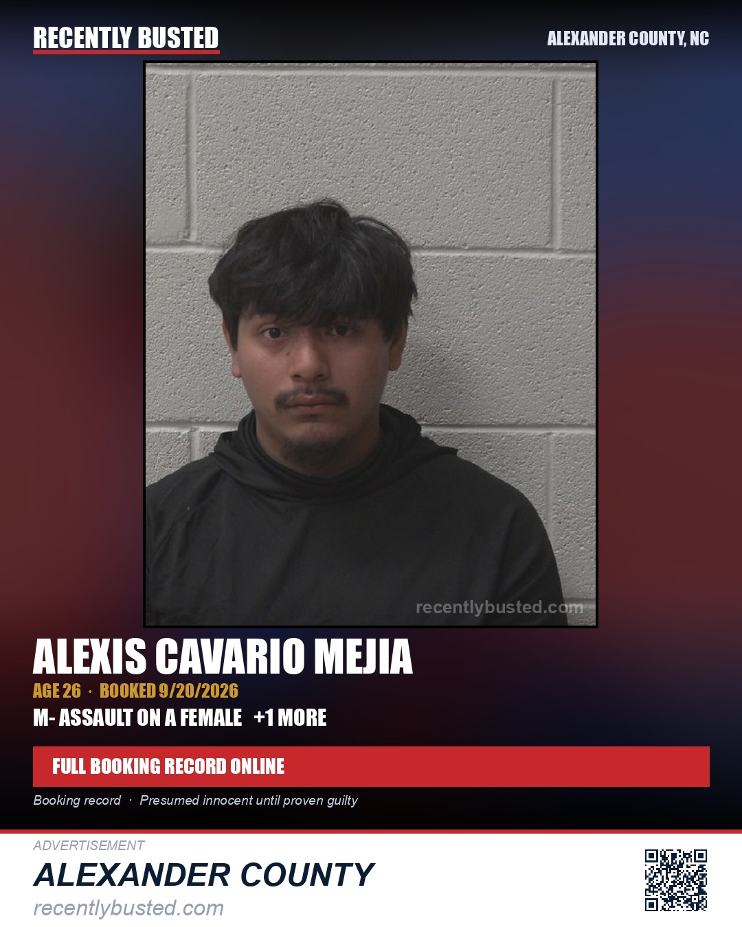 ALEXIS CAVARIO MEJIA — arrest record card, Alexander County, North Carolina