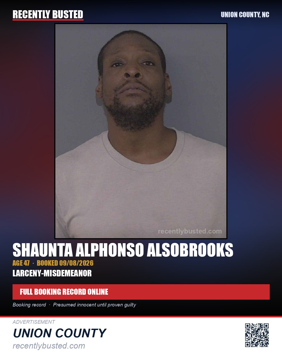 ALSOBROOKS, SHAUNTA ALPHONSO — arrest record card, Union County, North Carolina