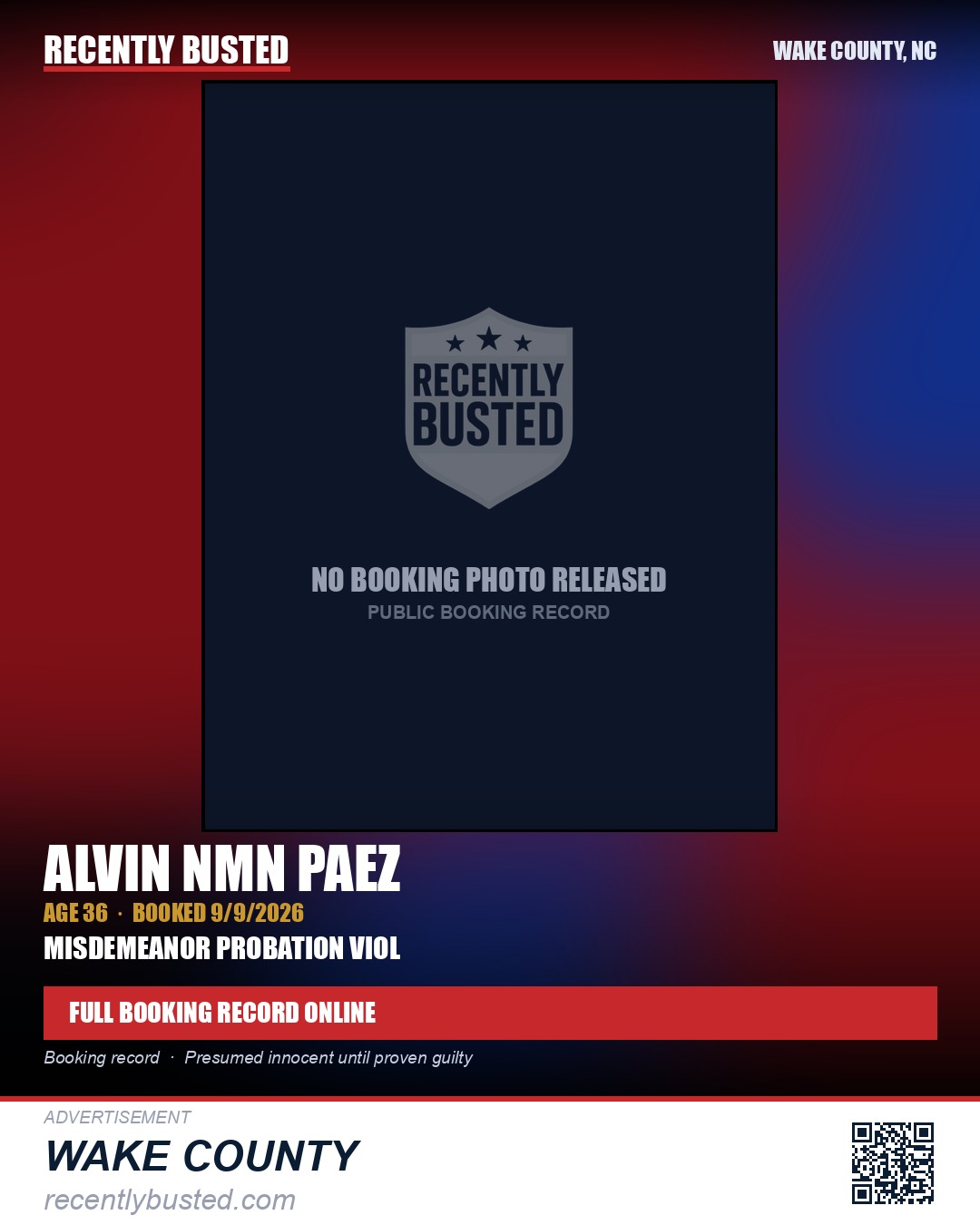 ALVIN NMN PAEZ — arrest record card, Wake County, North Carolina