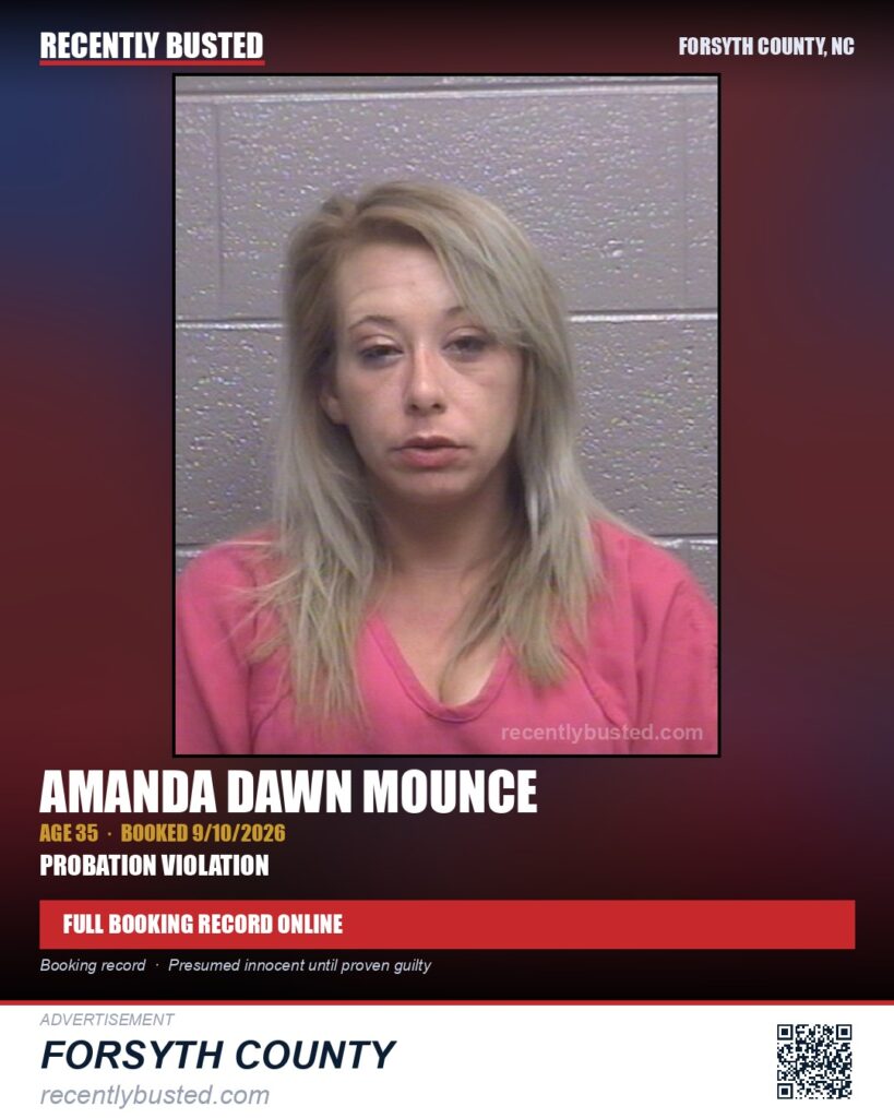 AMANDA DAWN MOUNCE — arrest record card, Forsyth County, North Carolina