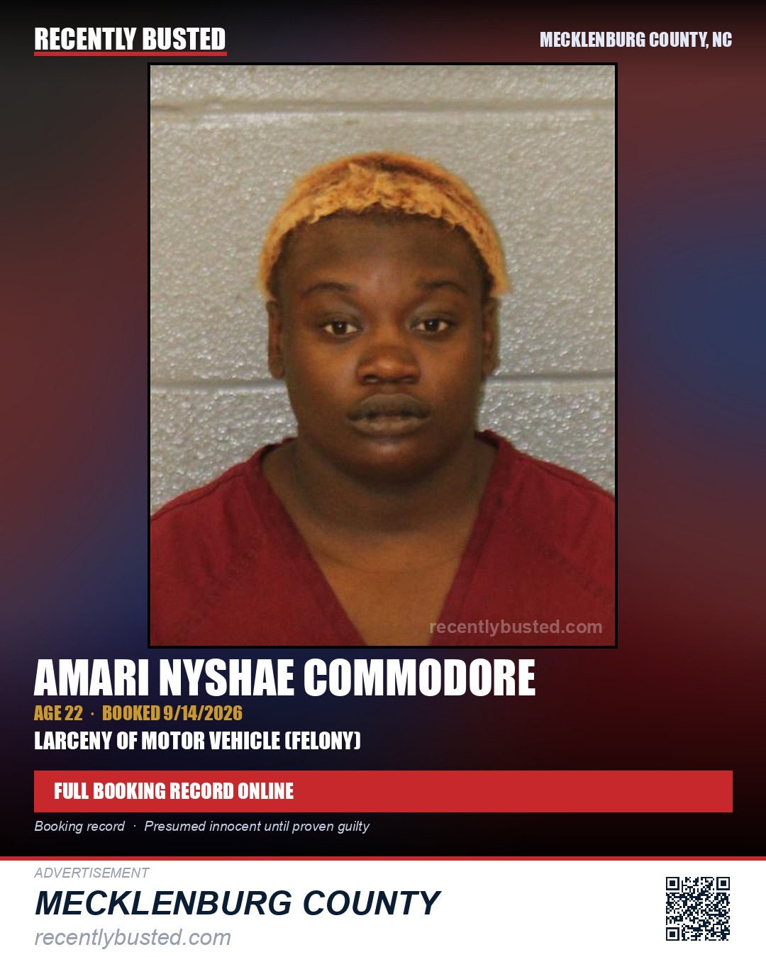 AMARI NYSHAE COMMODORE — arrest record card, Mecklenburg County, North Carolina