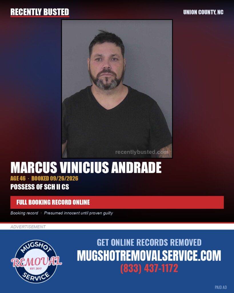 ANDRADE, MARCUS VINICIUS — arrest record card, Union County, North Carolina