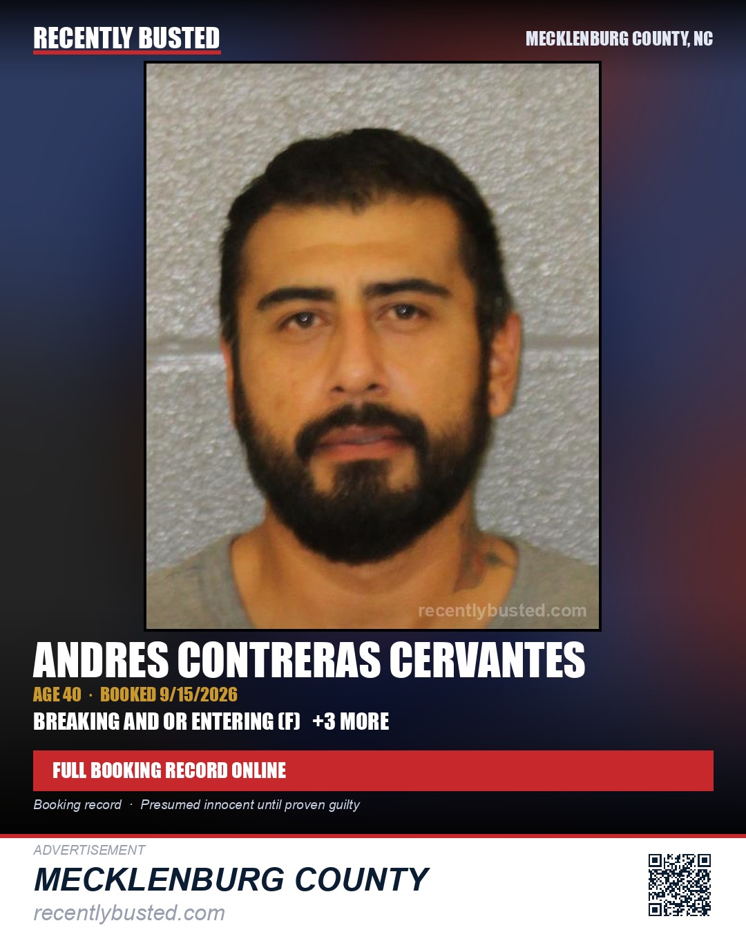 ANDRES CONTRERAS CERVANTES — arrest record card, Mecklenburg County, North Carolina