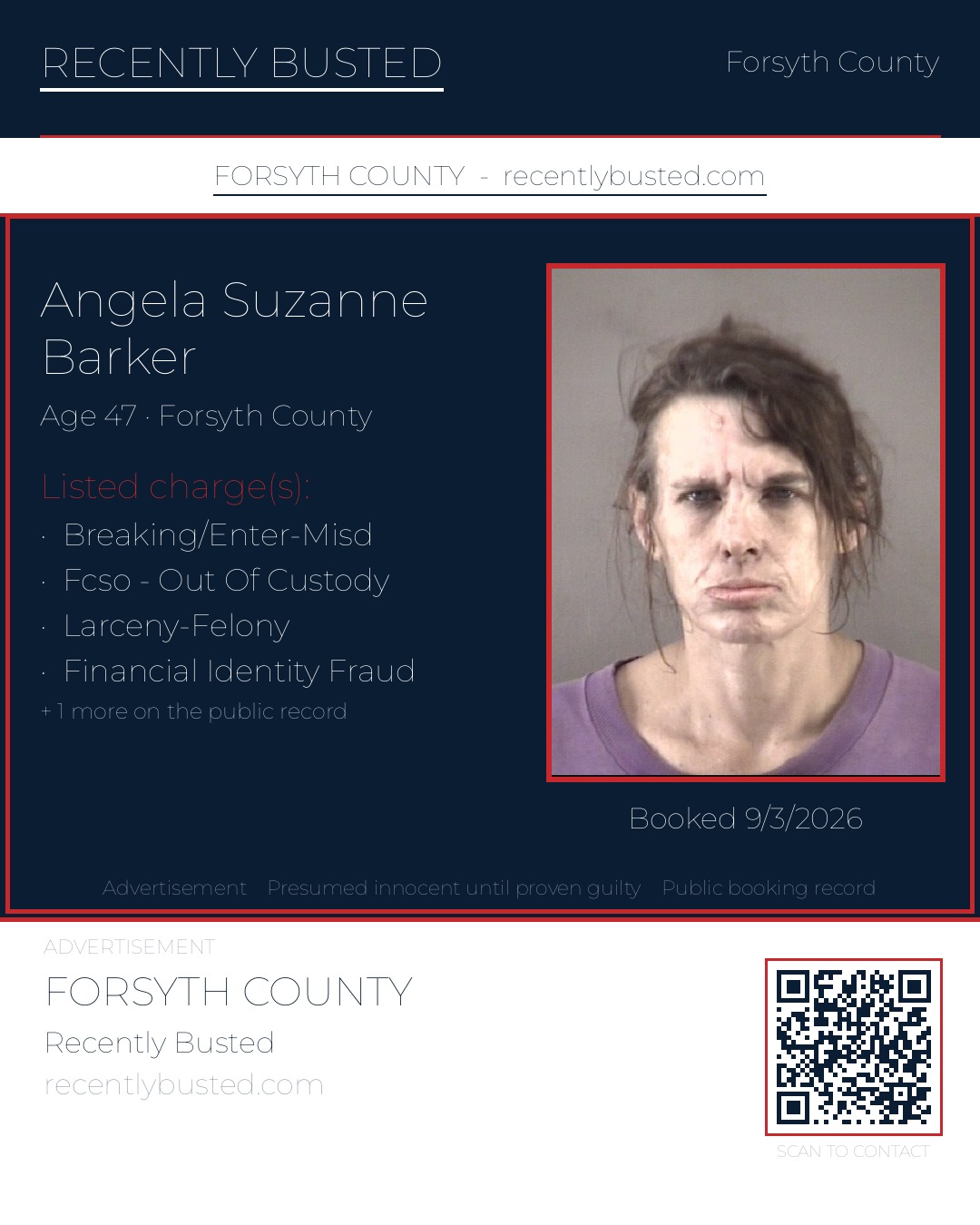 ANGELA SUZANNE BARKER — arrest record card, Forsyth County, North Carolina