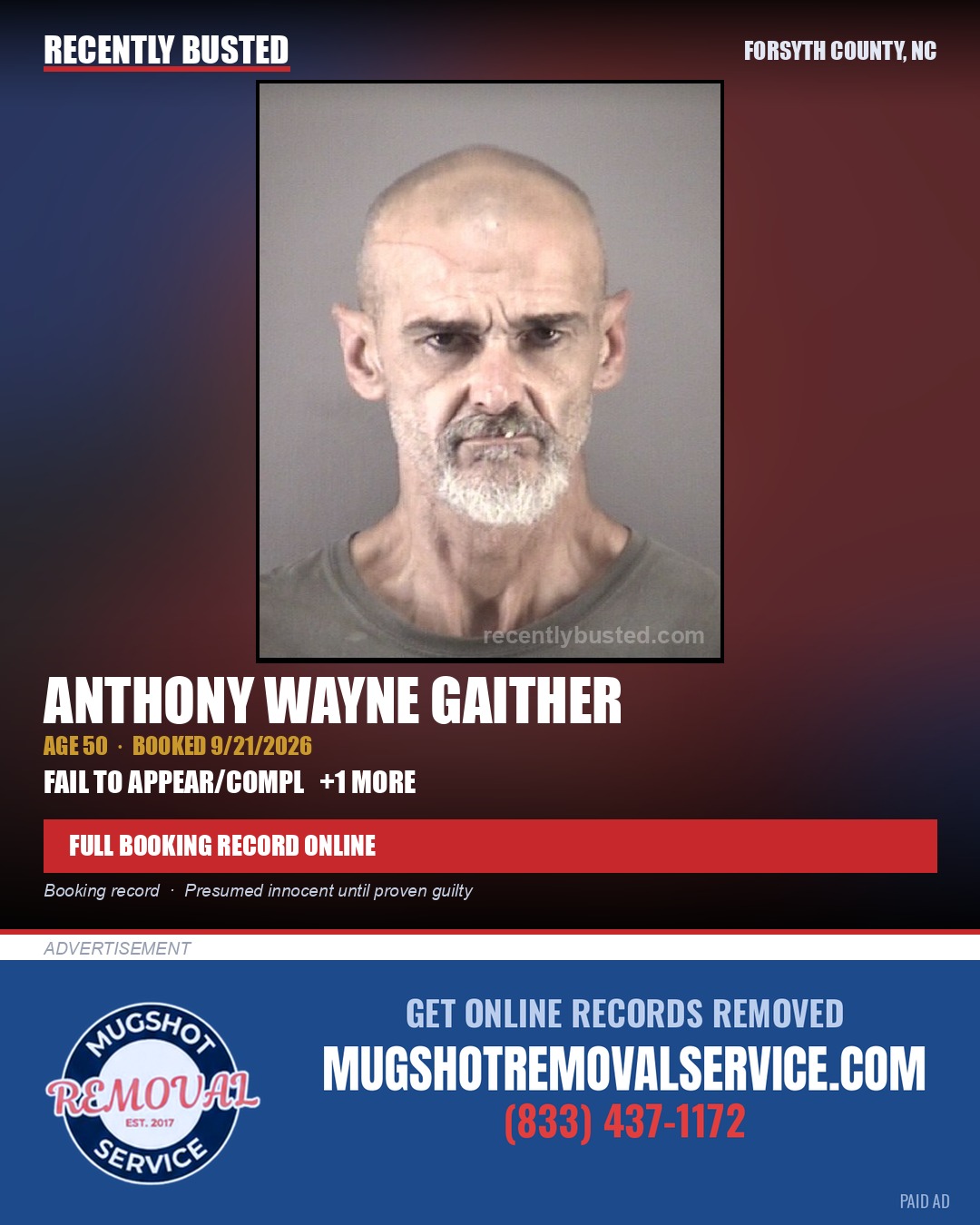 ANTHONY WAYNE GAITHER — arrest record card, Forsyth County, North Carolina