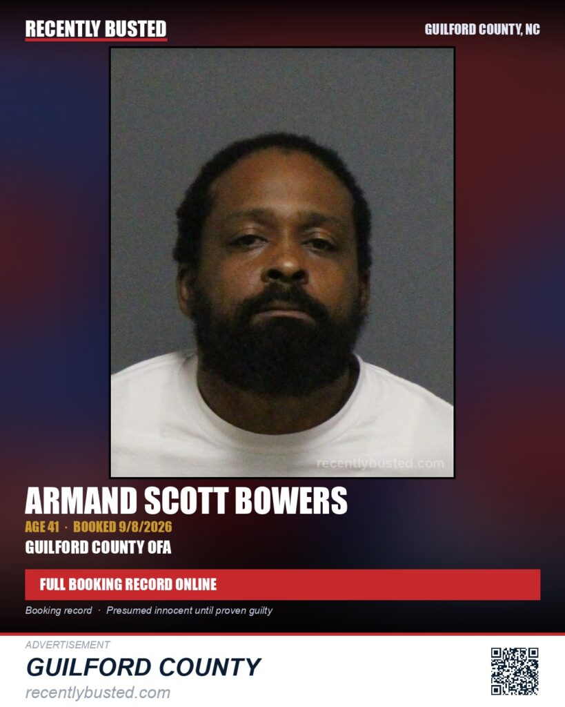 ARMAND SCOTT BOWERS — arrest record card, Guilford County, North Carolina