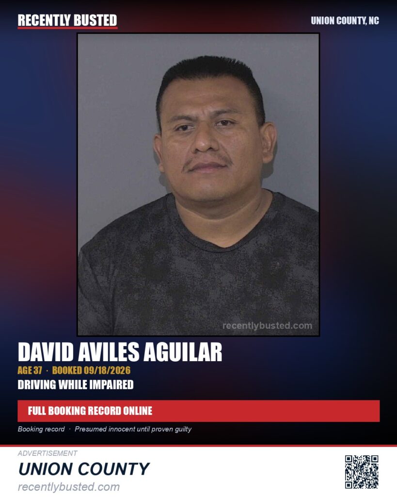 AVILES AGUILAR, DAVID — arrest record card, Union County, North Carolina