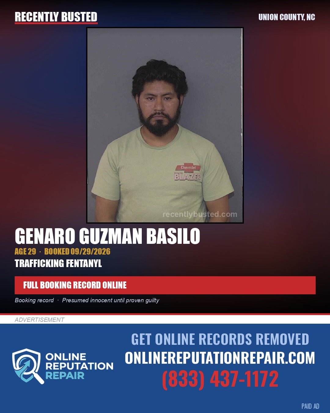 BASILO, GENARO GUZMAN — arrest record card, Union County, North Carolina