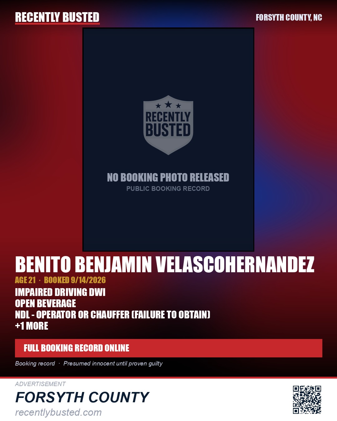 BENITO BENJAMIN VELASCOHERNANDEZ — arrest record card, Forsyth County, North Carolina