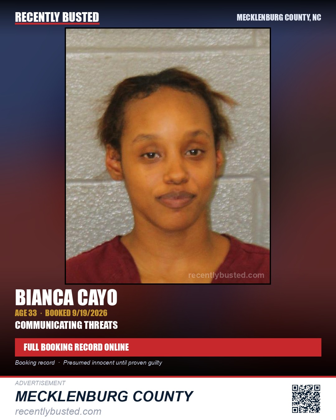 BIANCA CAYO — arrest record card, Mecklenburg County, North Carolina