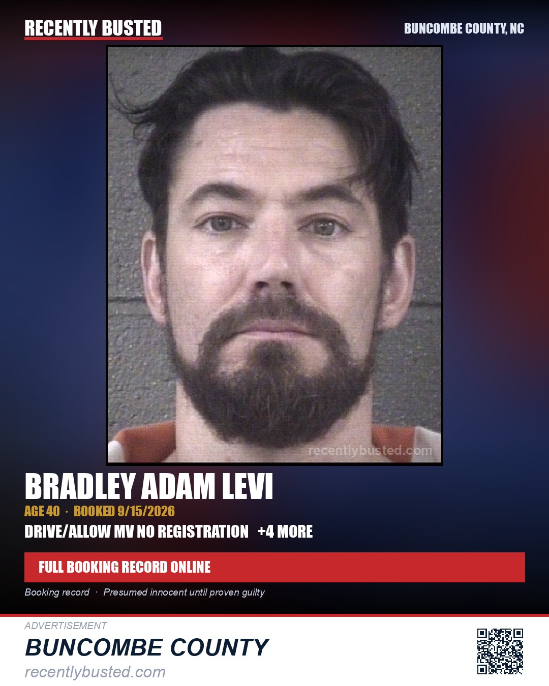 BRADLEY ADAM LEVI — arrest record card, Buncombe County, North Carolina