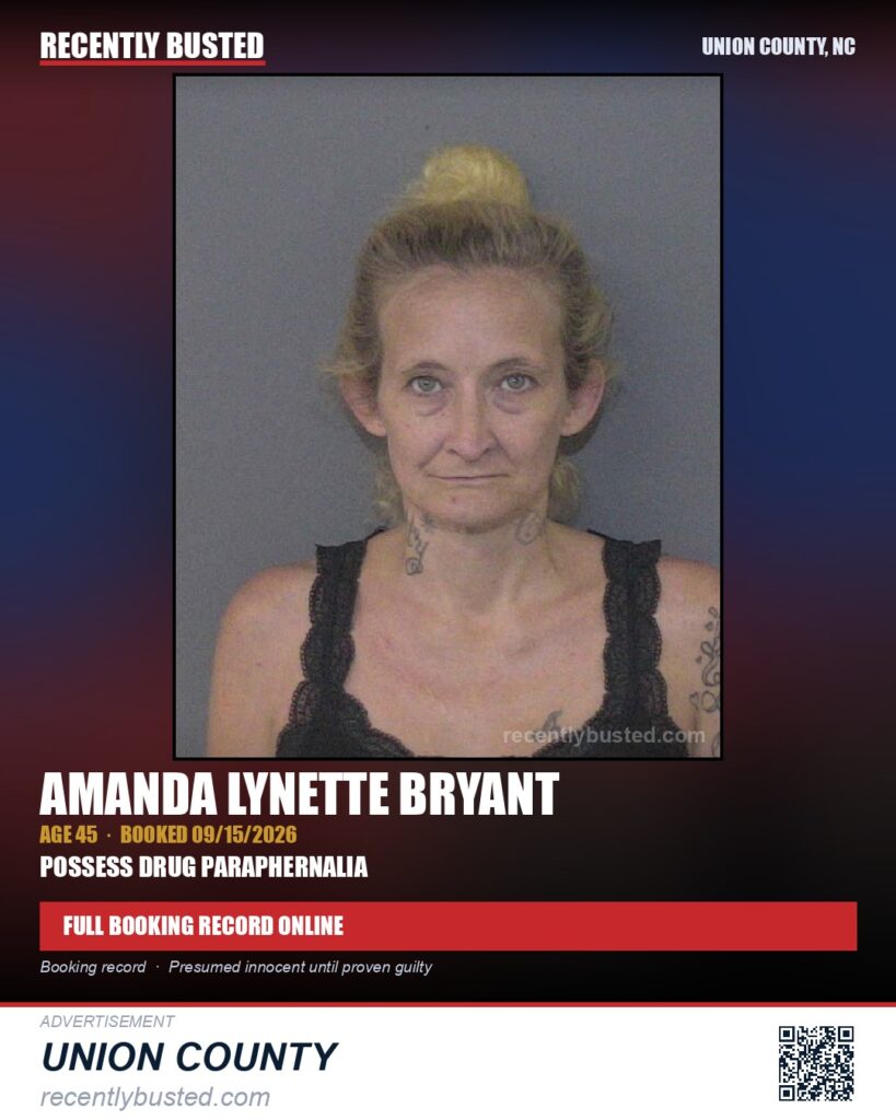 BRYANT, AMANDA LYNETTE — arrest record card, Union County, North Carolina