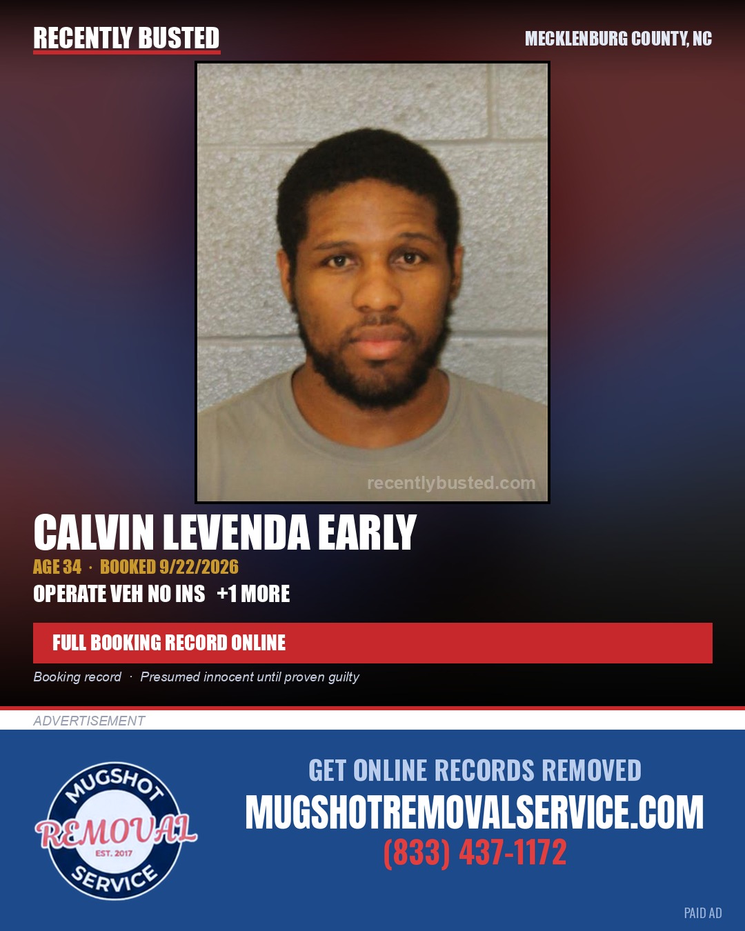 CALVIN LEVENDA EARLY — arrest record card, Mecklenburg County, North Carolina