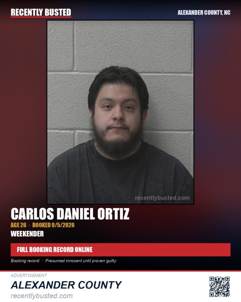 CARLOS DANIEL ORTIZ — arrest record card, Alexander County, North Carolina