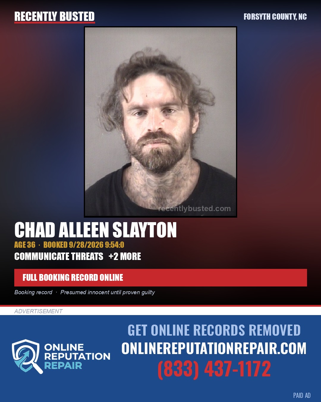 CHAD ALLEEN SLAYTON — arrest record card, Forsyth County, North Carolina