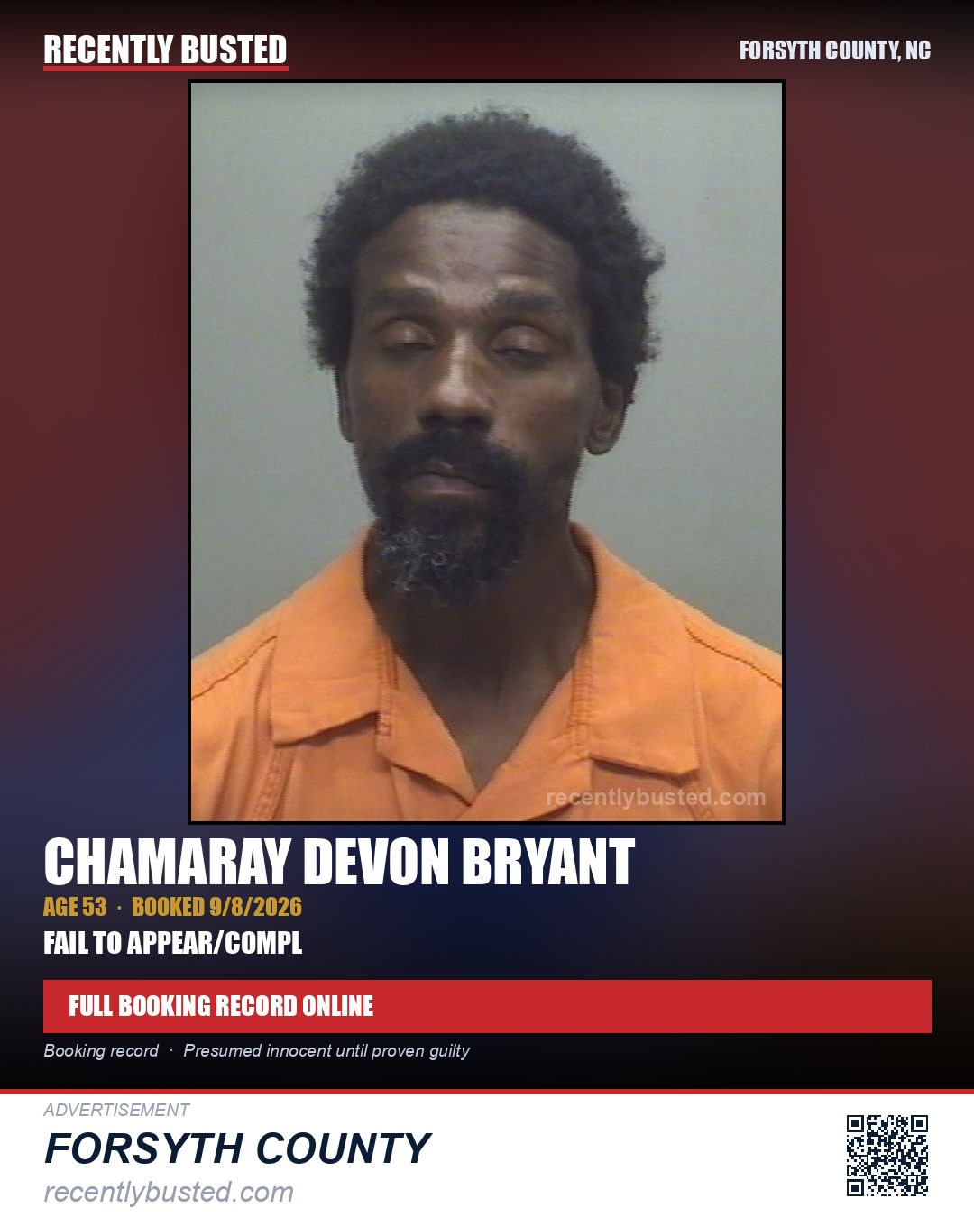 CHAMARAY DEVON BRYANT — arrest record card, Forsyth County, North Carolina