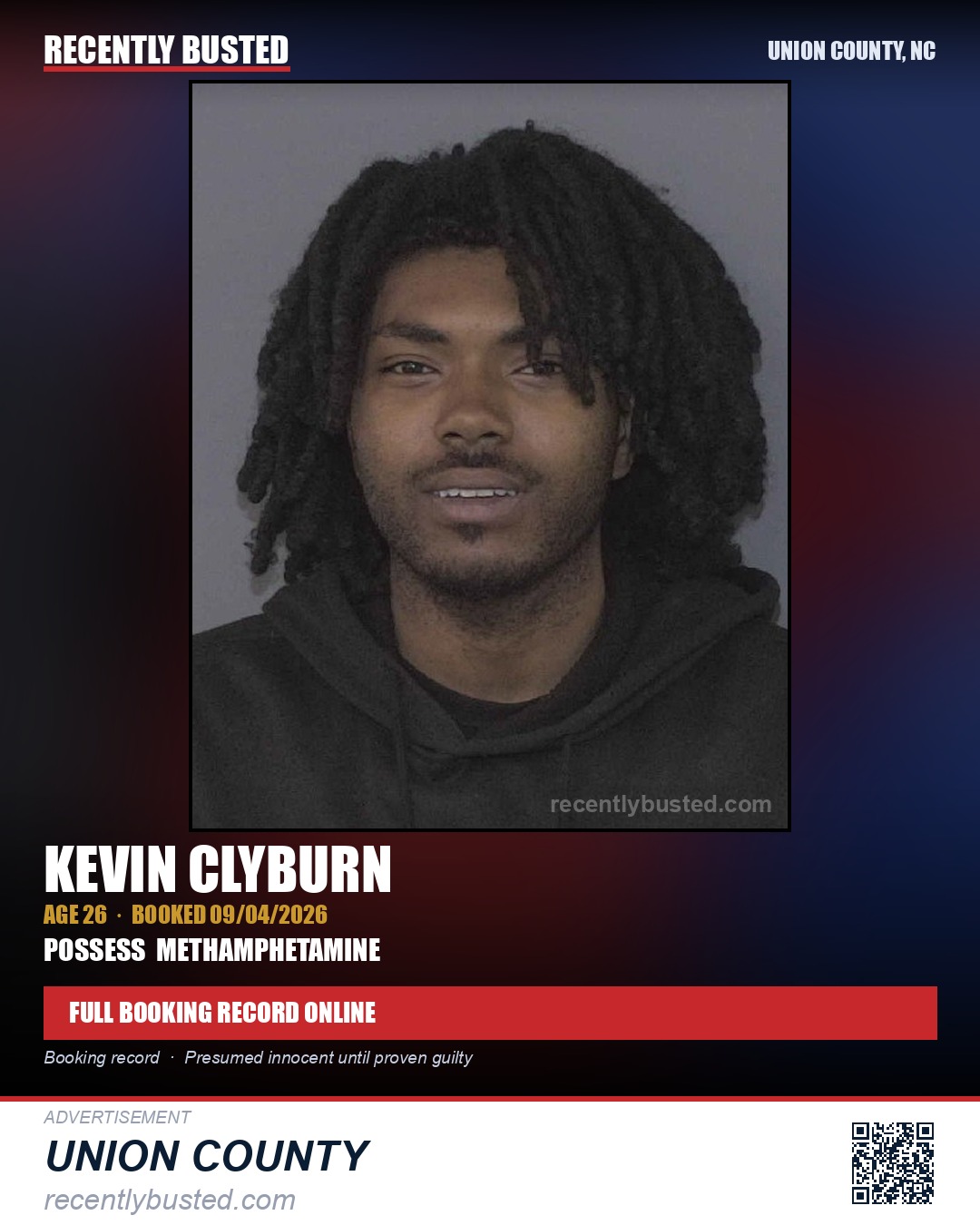 CLYBURN, KEVIN — arrest record card, Union County, North Carolina