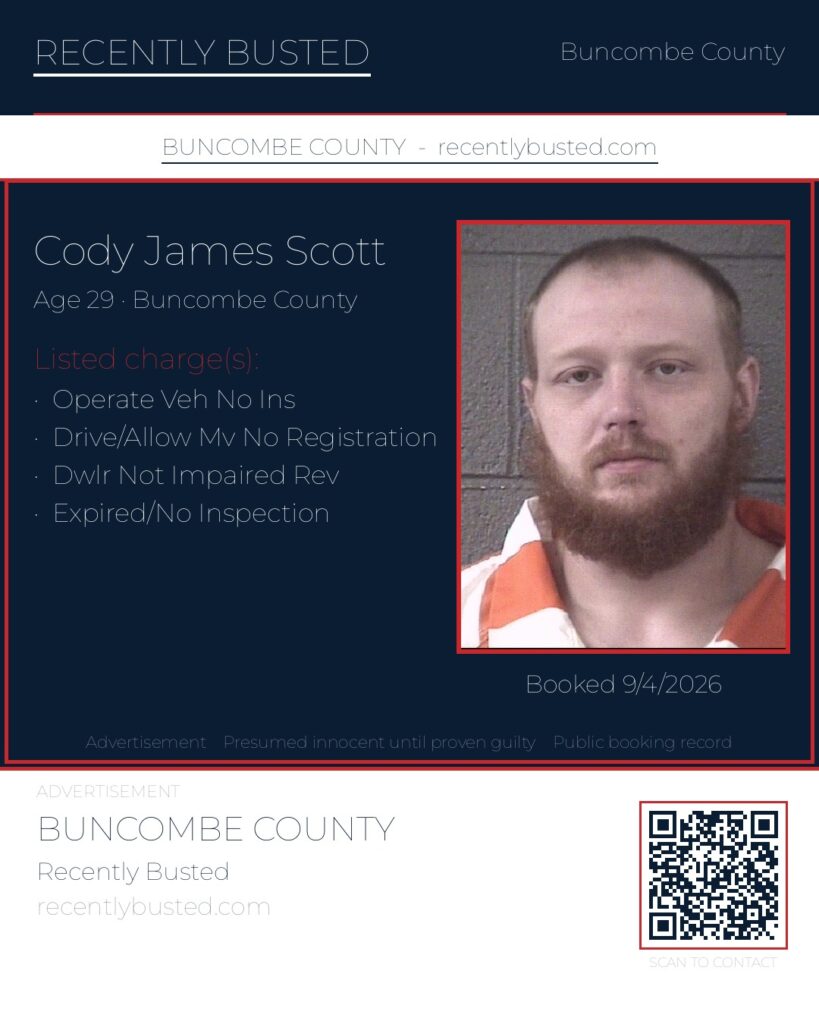 CODY JAMES SCOTT — arrest record card, Buncombe County, North Carolina