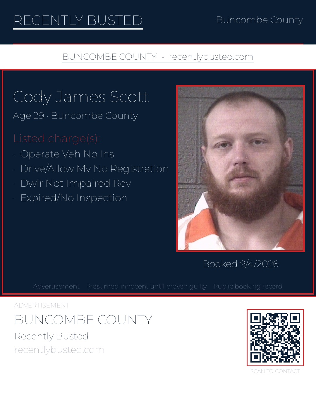 CODY JAMES SCOTT — arrest record card, Buncombe County, North Carolina