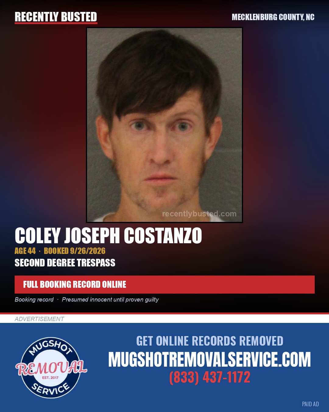 COLEY JOSEPH COSTANZO — arrest record card, Mecklenburg County, North Carolina